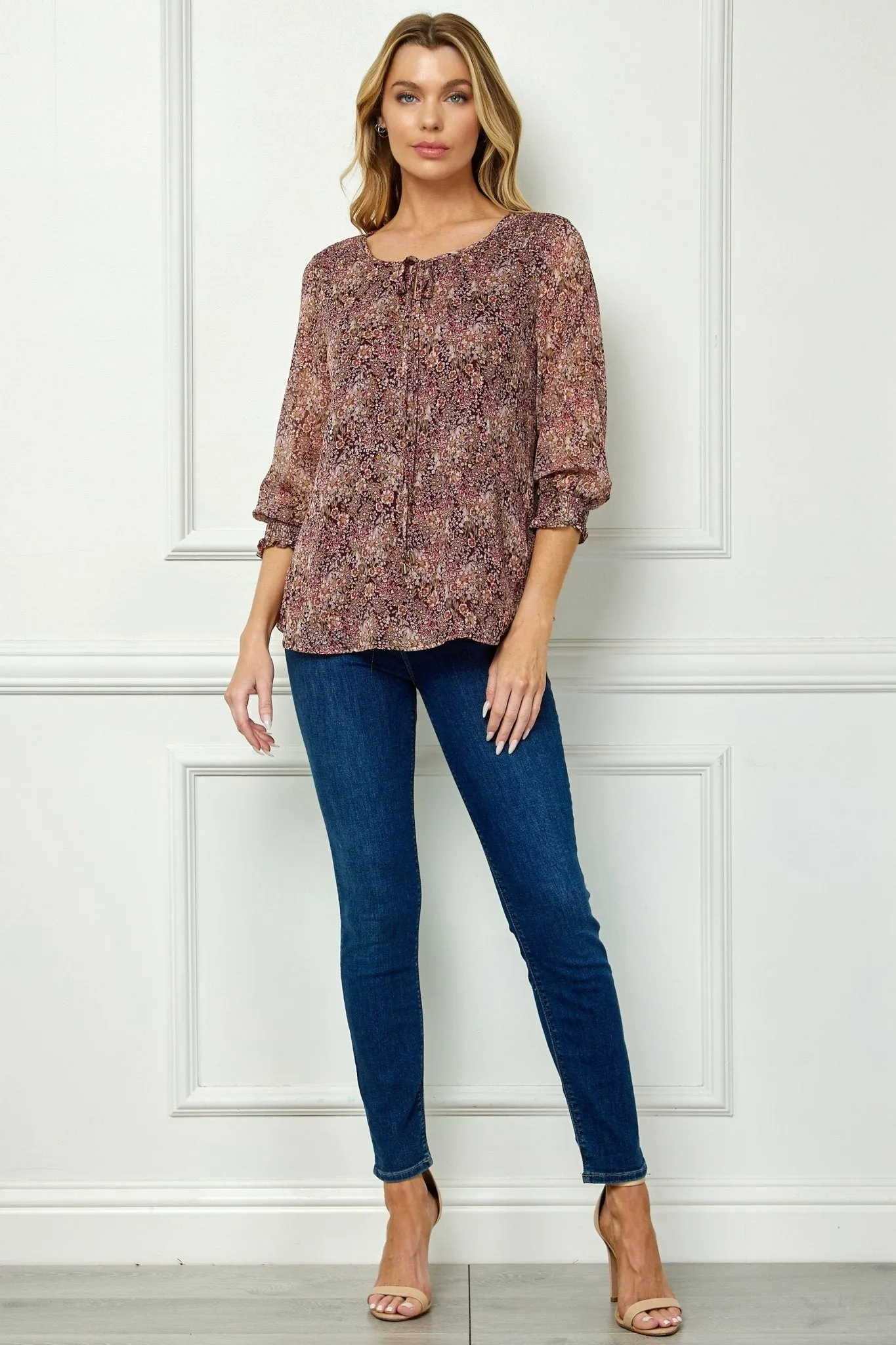 Burgundy Floral 3/4 Sleeve Blouse
