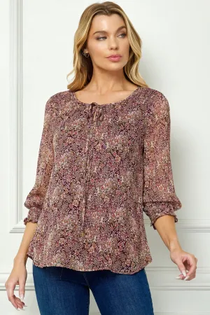Burgundy Floral 3/4 Sleeve Blouse