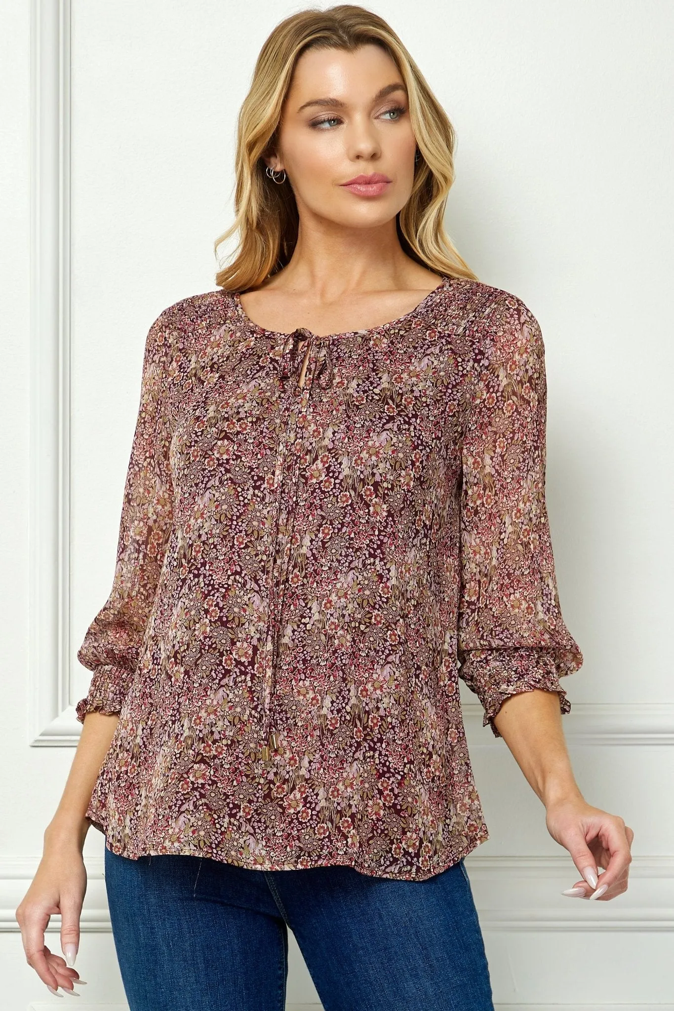 Burgundy Floral 3/4 Sleeve Blouse