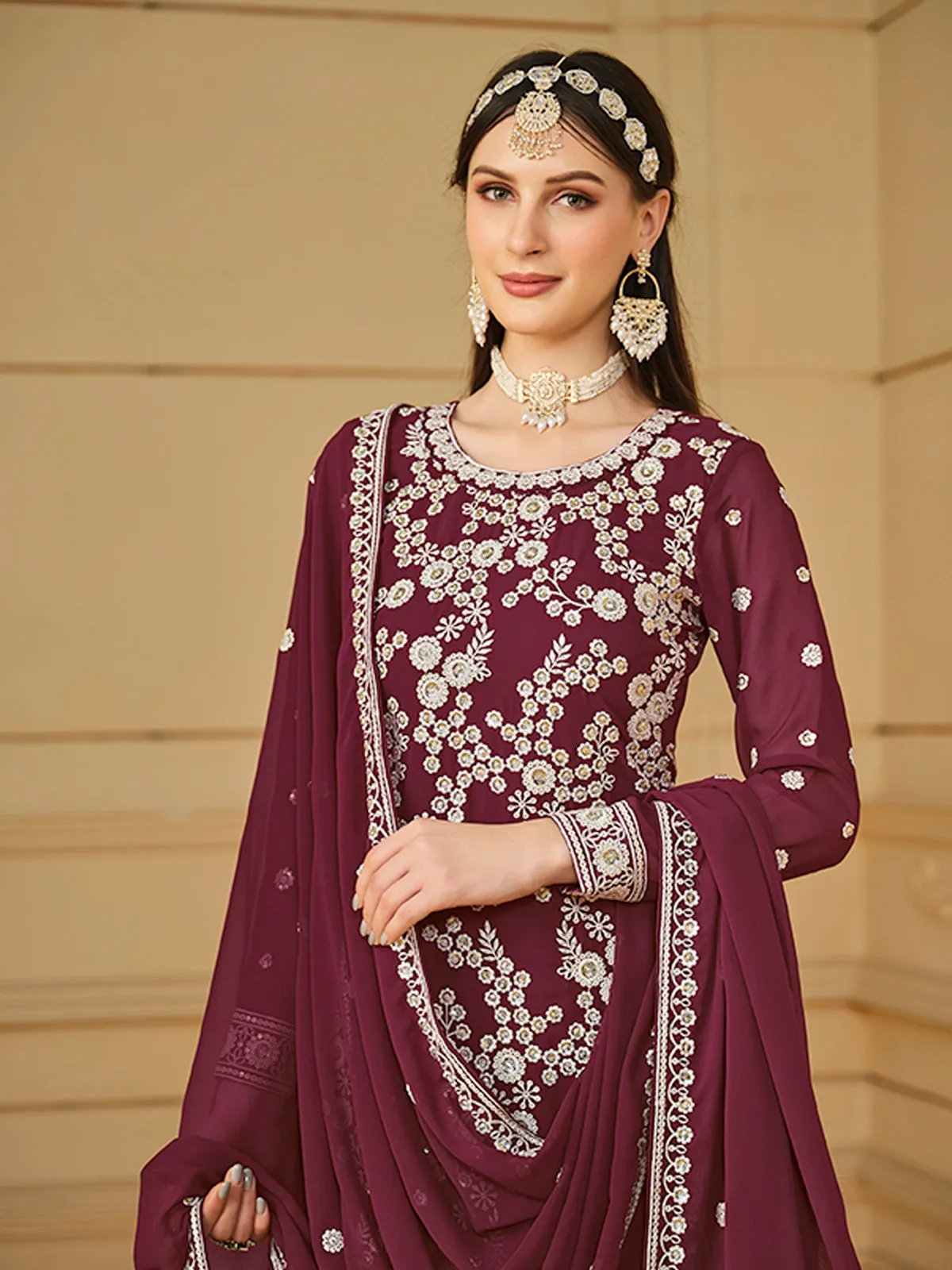 Burgundy Wine Embroidered Georgette Gharara Style Suit