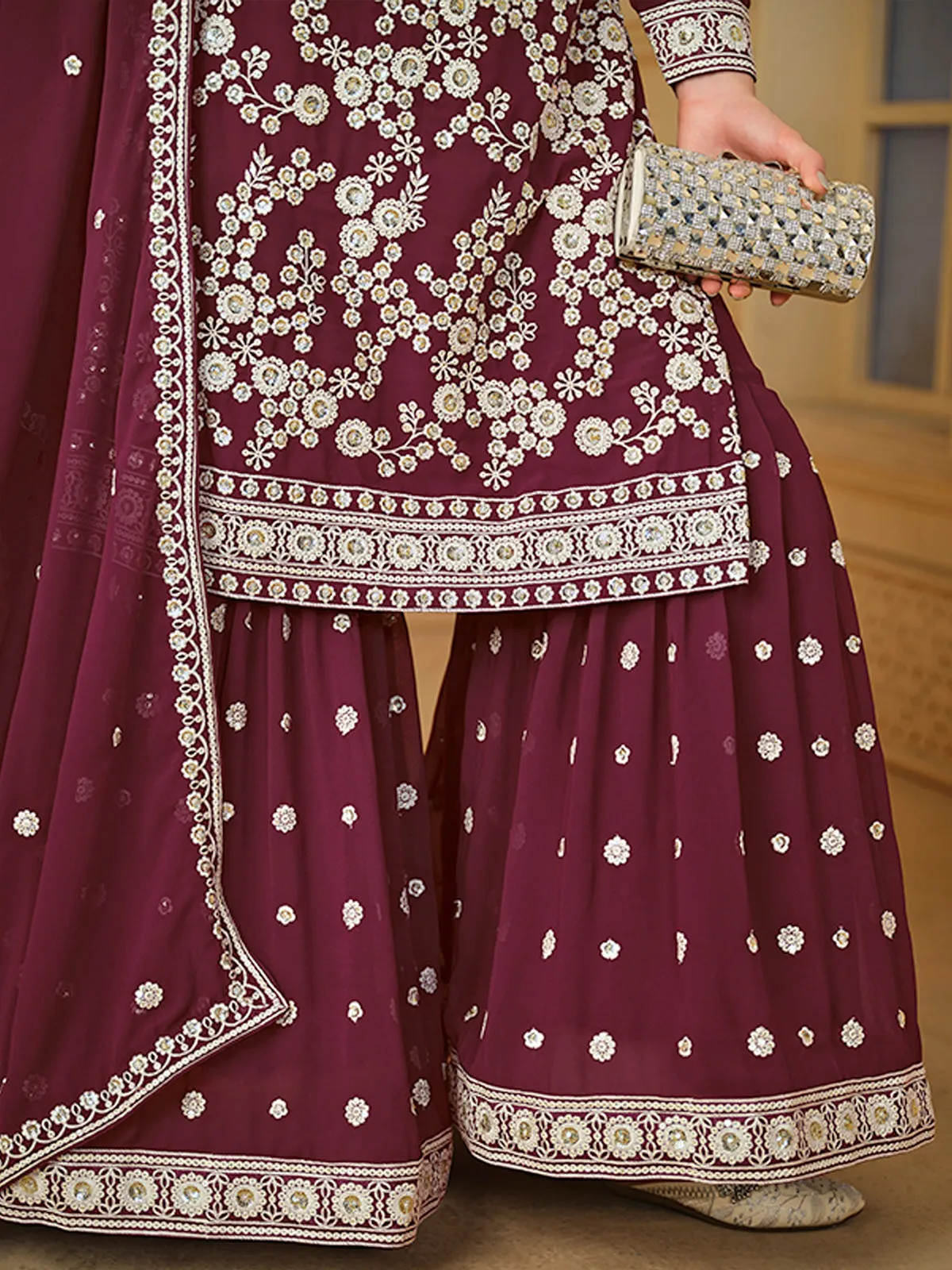 Burgundy Wine Embroidered Georgette Gharara Style Suit