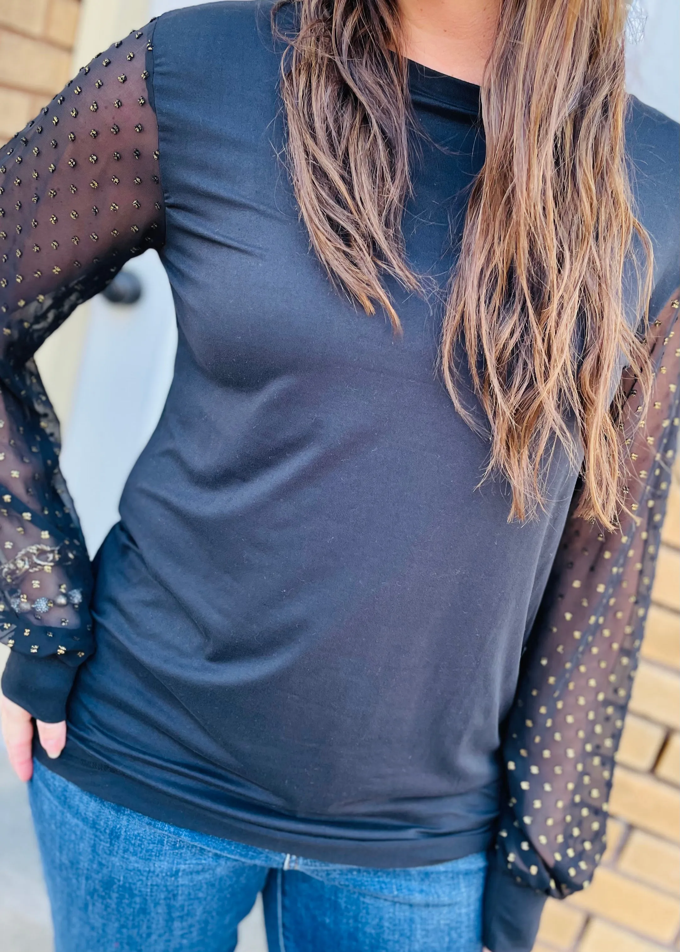 Chiffon and Gold Swiss Dot Tunic Top