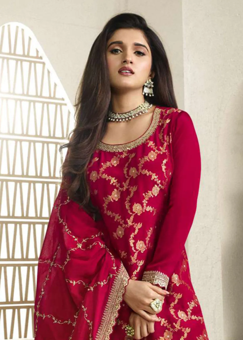 Chinnon Jacquard Red Zari Embroidered Palazzo Suit