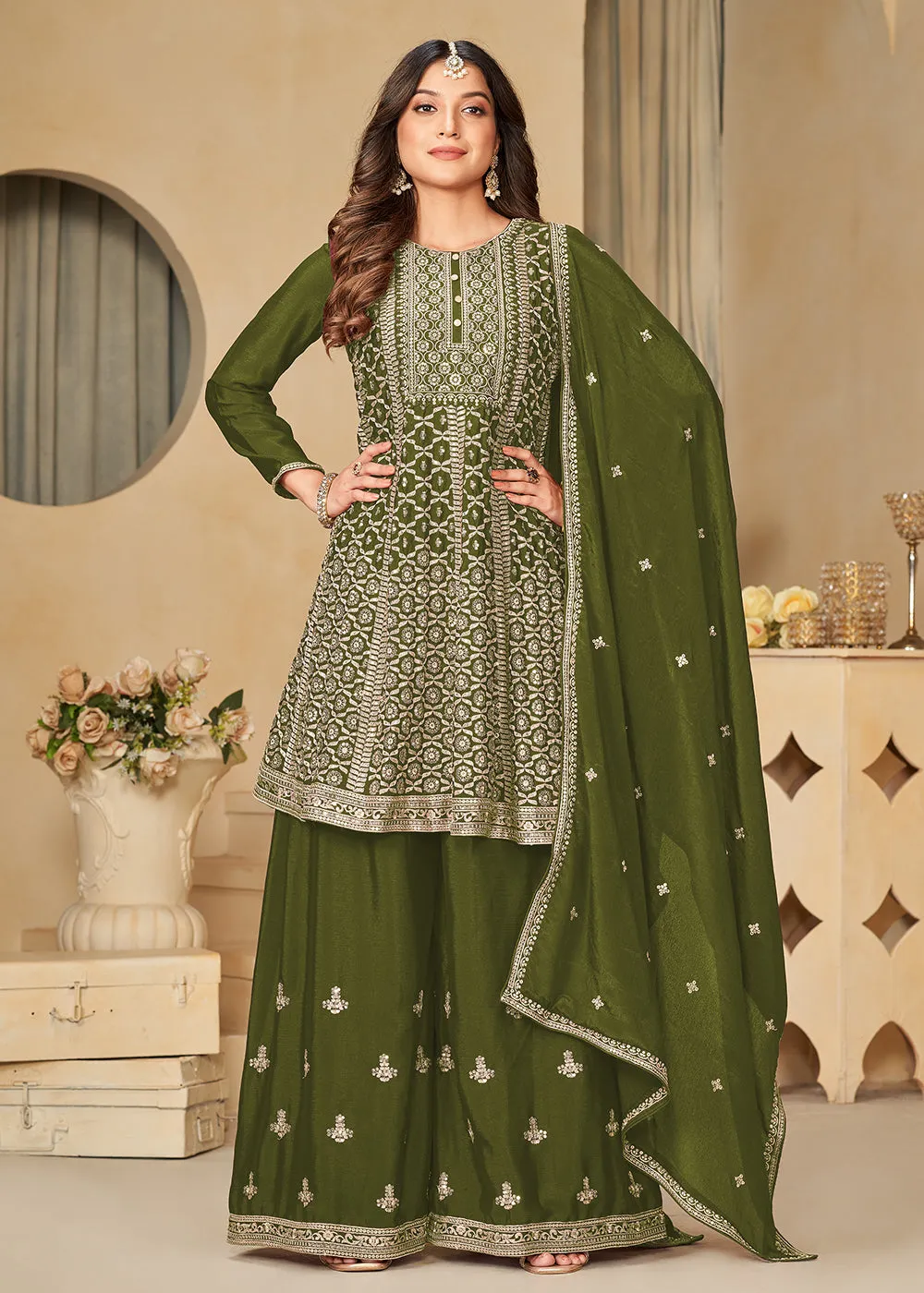 Chinnon Olive Green Embroidered Palazzo Salwar Suit