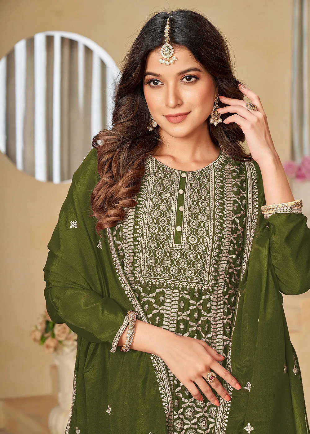 Chinnon Olive Green Embroidered Palazzo Salwar Suit