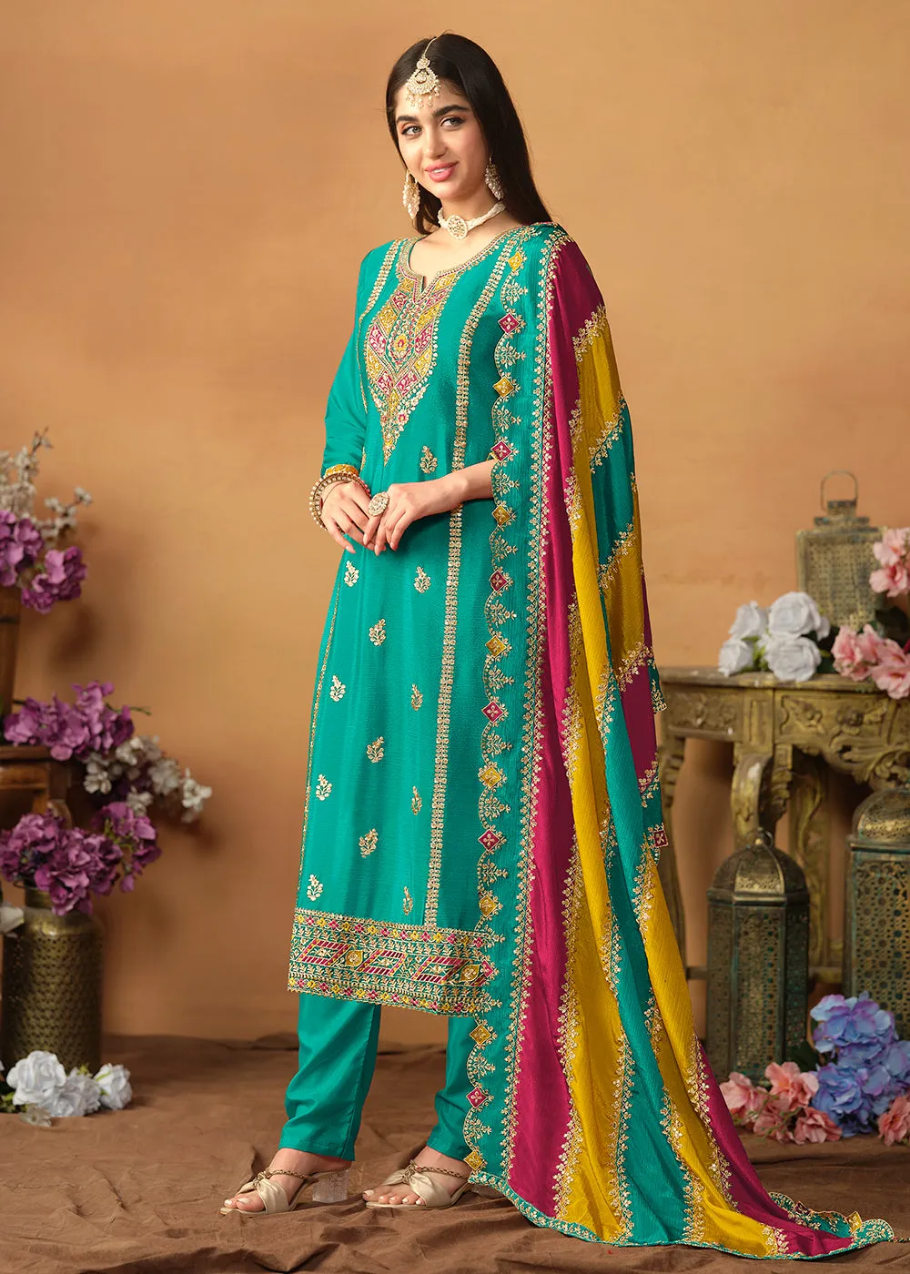 Chinnon Silk Turquoise Salwar Suit with Multicolor Dupatta