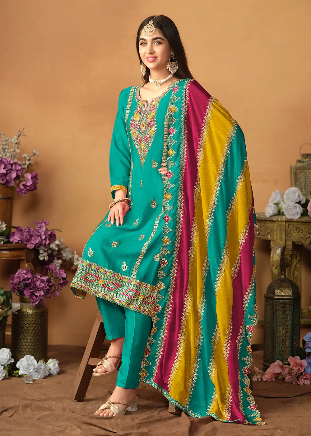 Chinnon Silk Turquoise Salwar Suit with Multicolor Dupatta