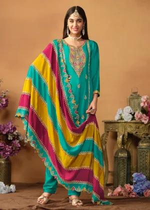 Chinnon Silk Turquoise Salwar Suit with Multicolor Dupatta