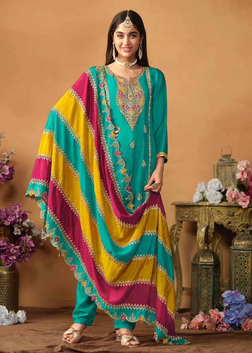 Chinnon Silk Turquoise Salwar Suit with Multicolor Dupatta