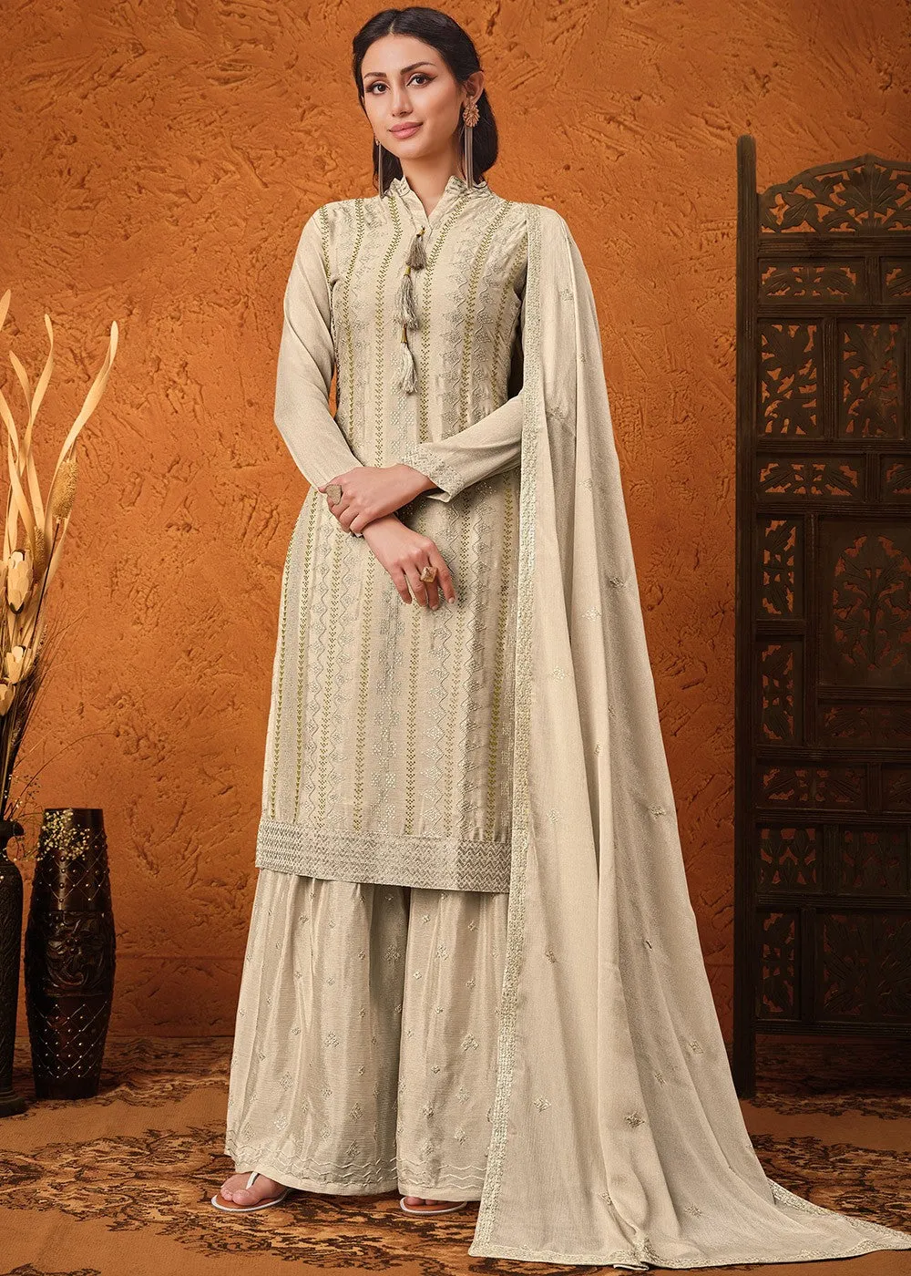 Cream Beige Chiffon Embroidered Sharara Suit