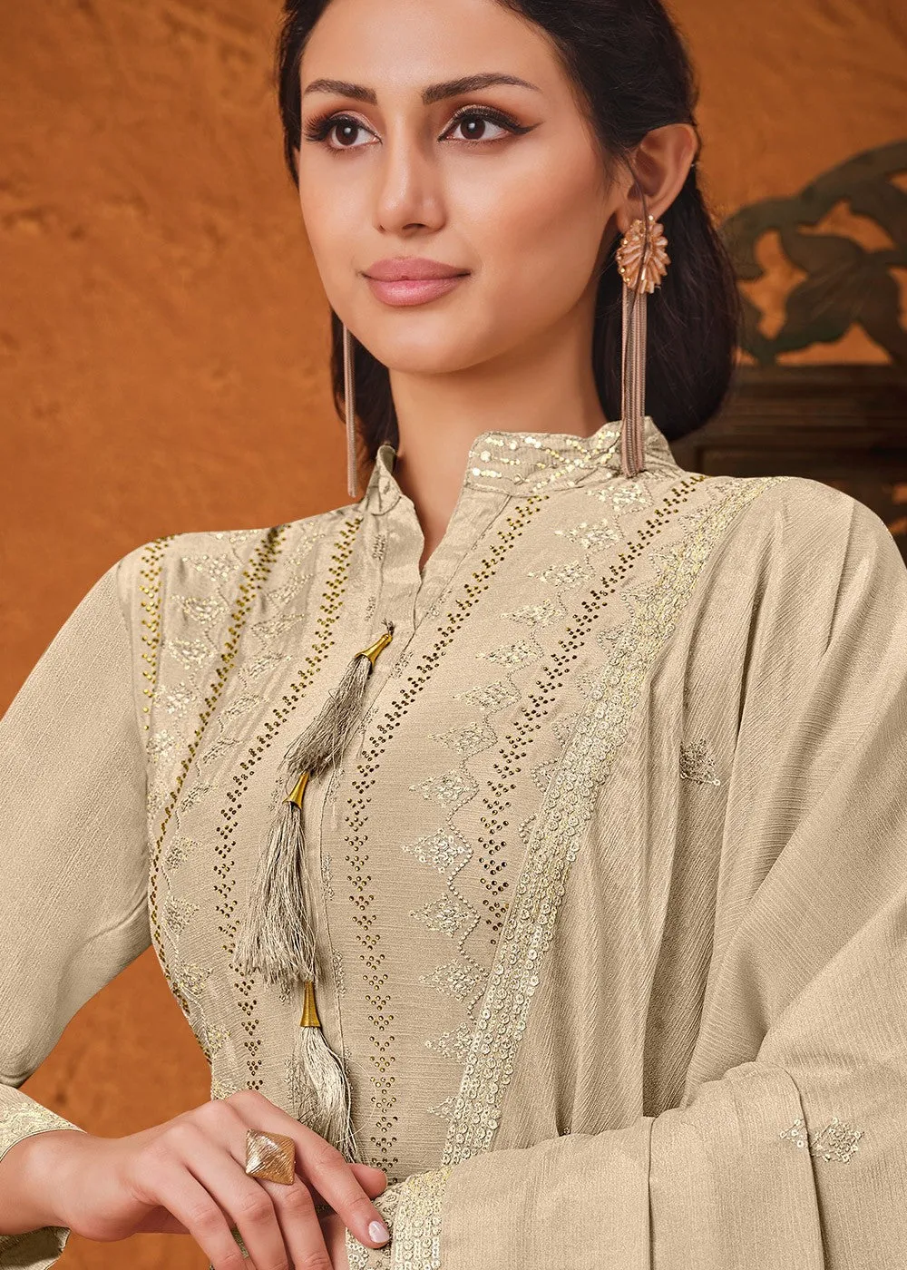 Cream Beige Chiffon Embroidered Sharara Suit