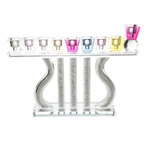 Crystal Menorah with Colored Tops & Stones 7"Hx10.5"W