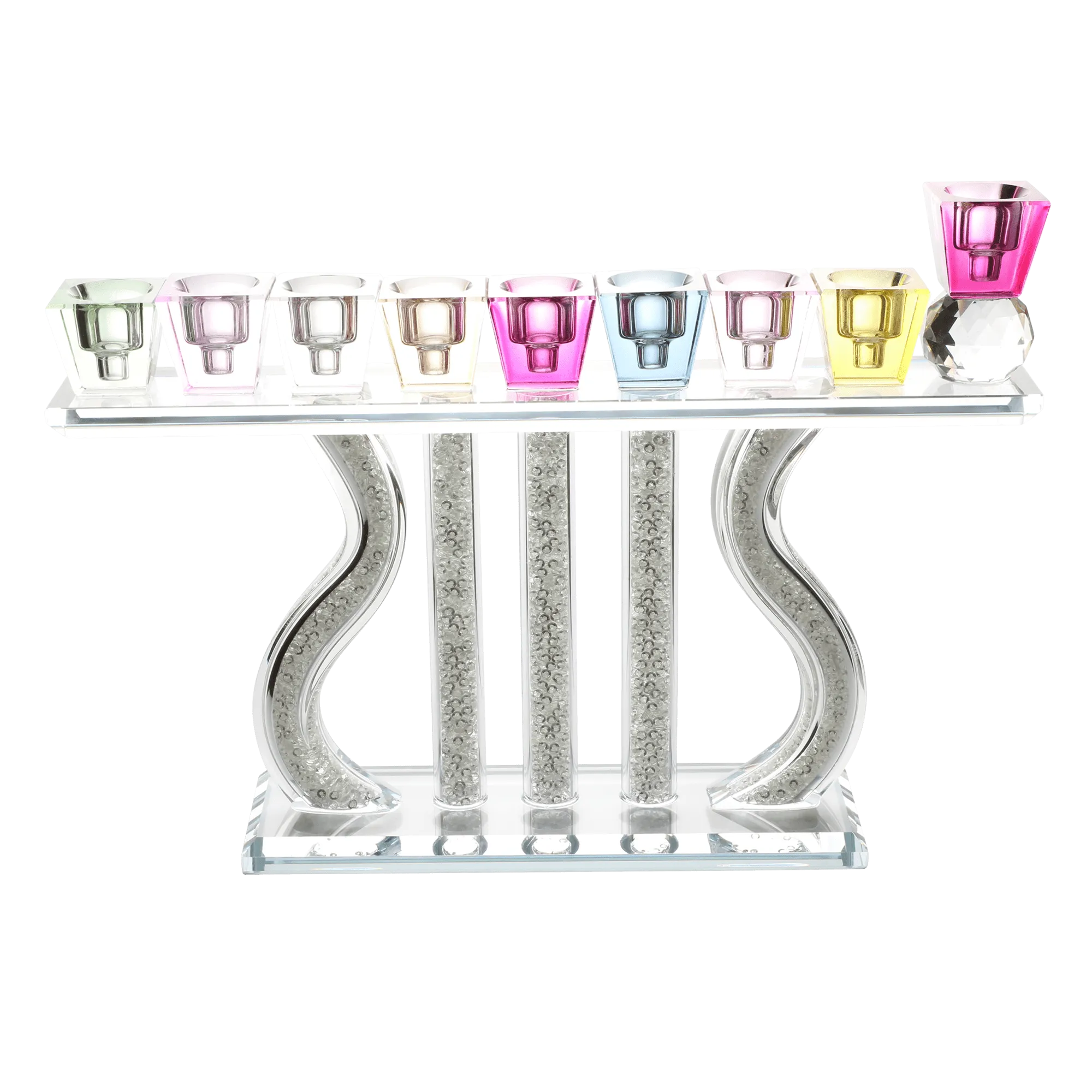 Crystal Menorah with Colored Tops & Stones 7"Hx10.5"W