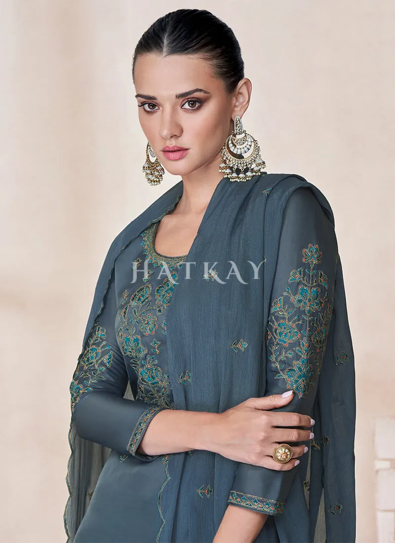Dark Blue Embroidery Traditional Silk Salwar Kameez