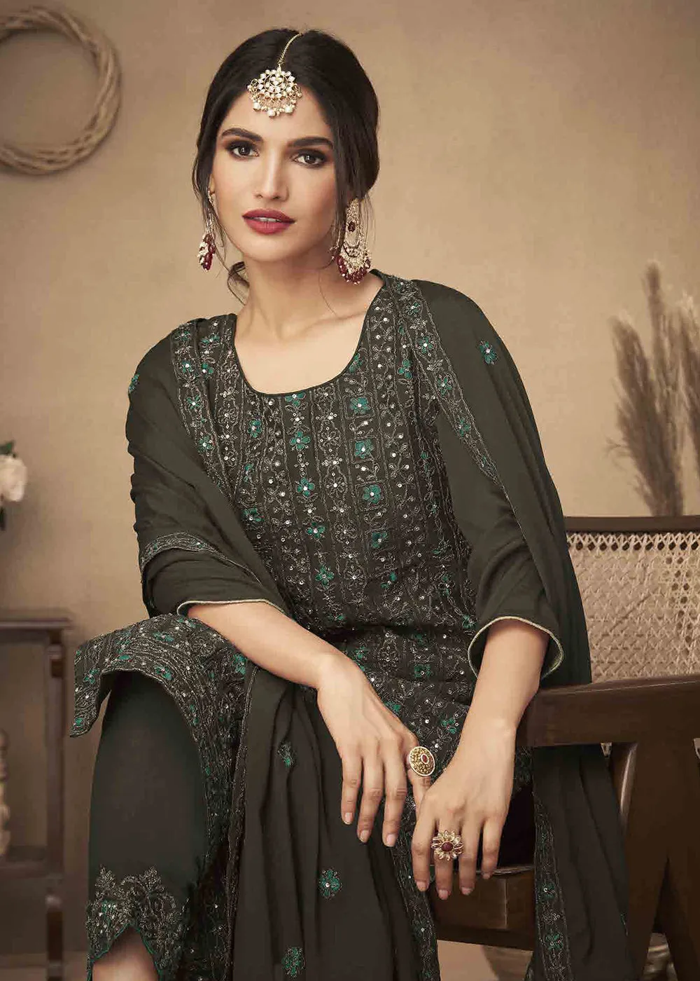 Dark Green Cording & Swarovski Embroidered Trendy Salwar Suit