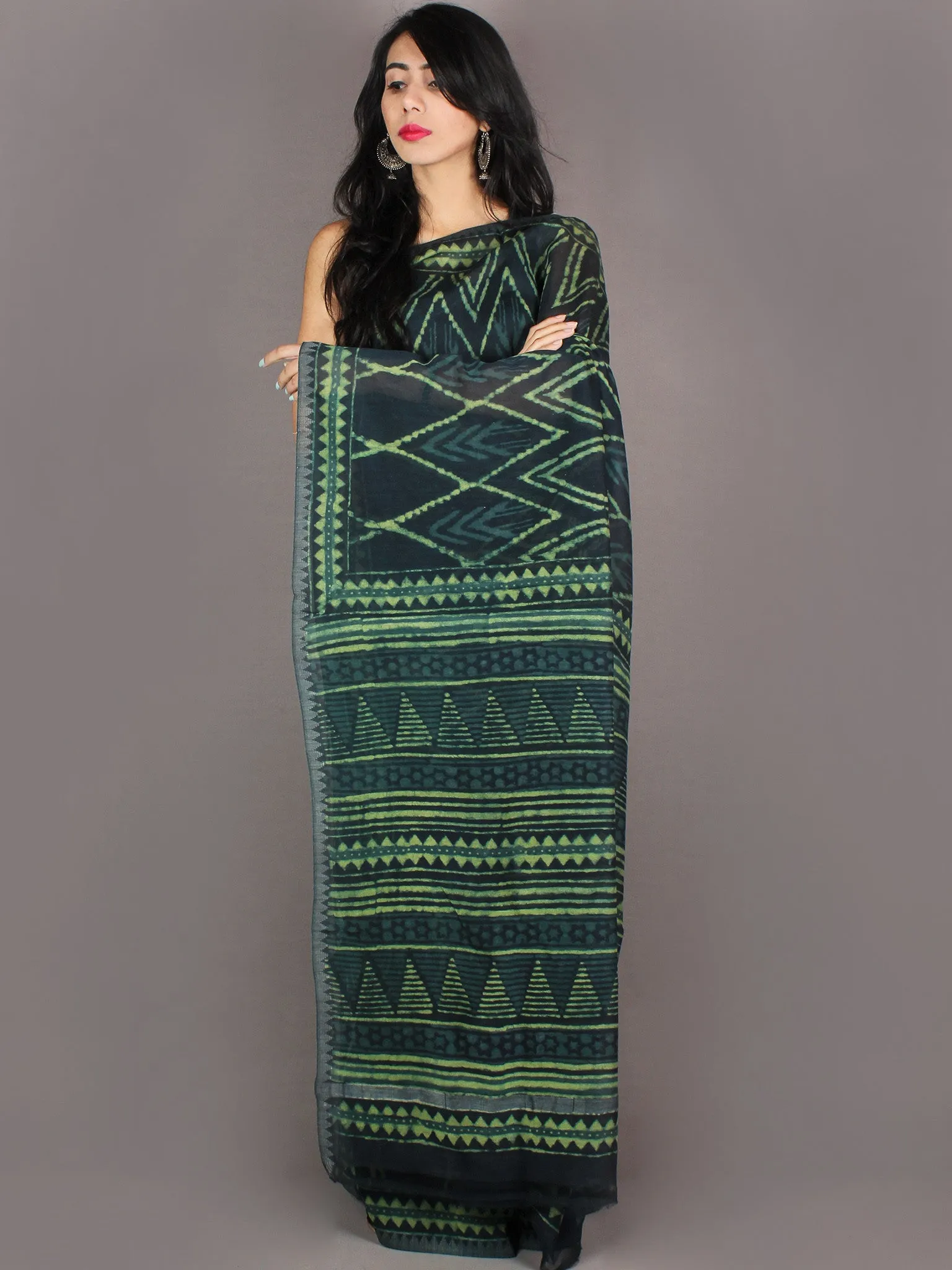 Dark Green Hand Block Printed in Natural Colors Chanderi Saree With Geecha Border - S03170967