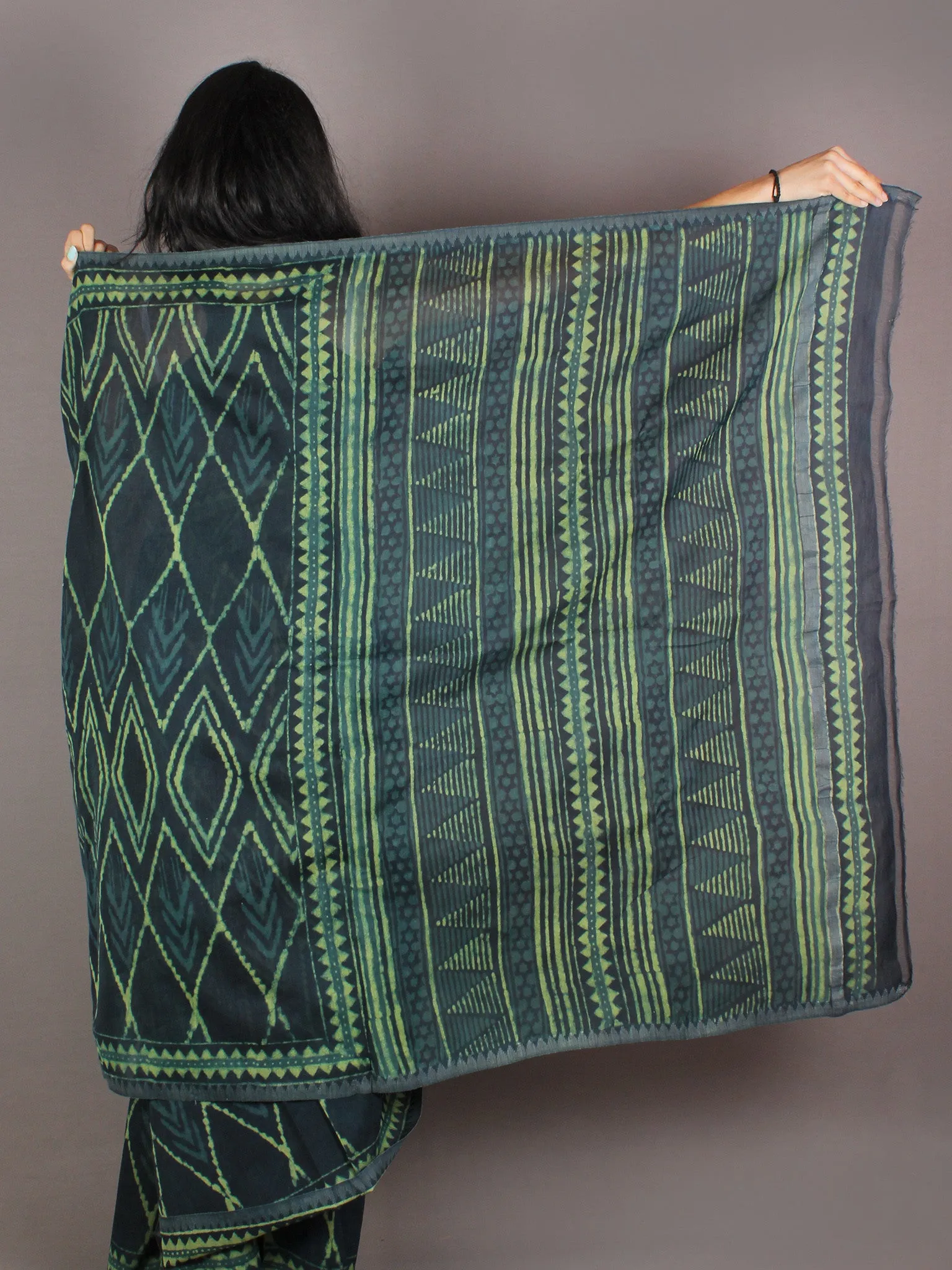 Dark Green Hand Block Printed in Natural Colors Chanderi Saree With Geecha Border - S03170967