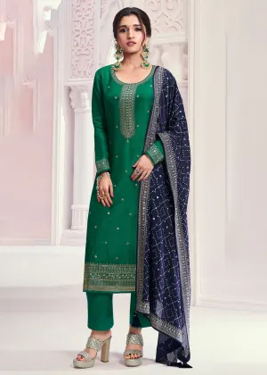 Dark Green Thread Embroidered Silk Salwar Suit