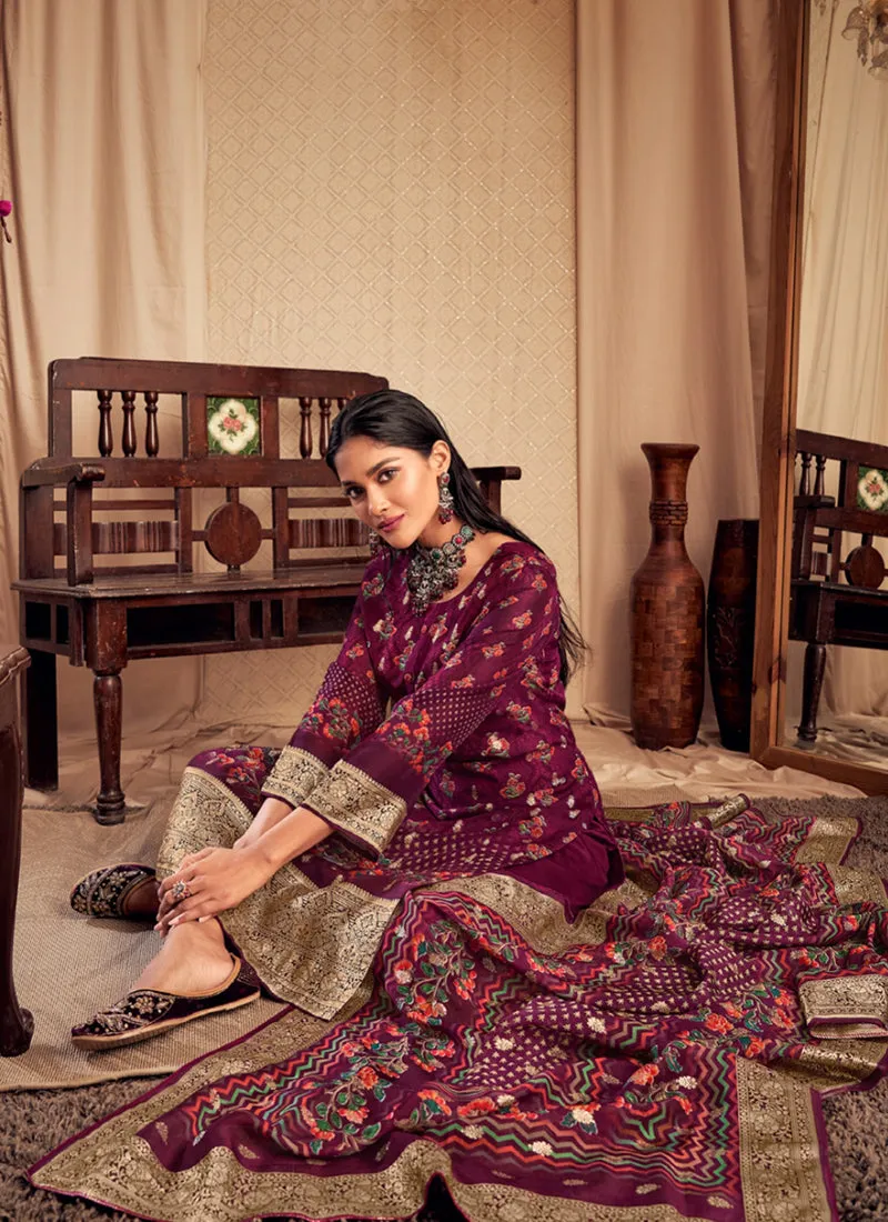 Deep Wine Printed Viscose Jacquard Salwar Kameez