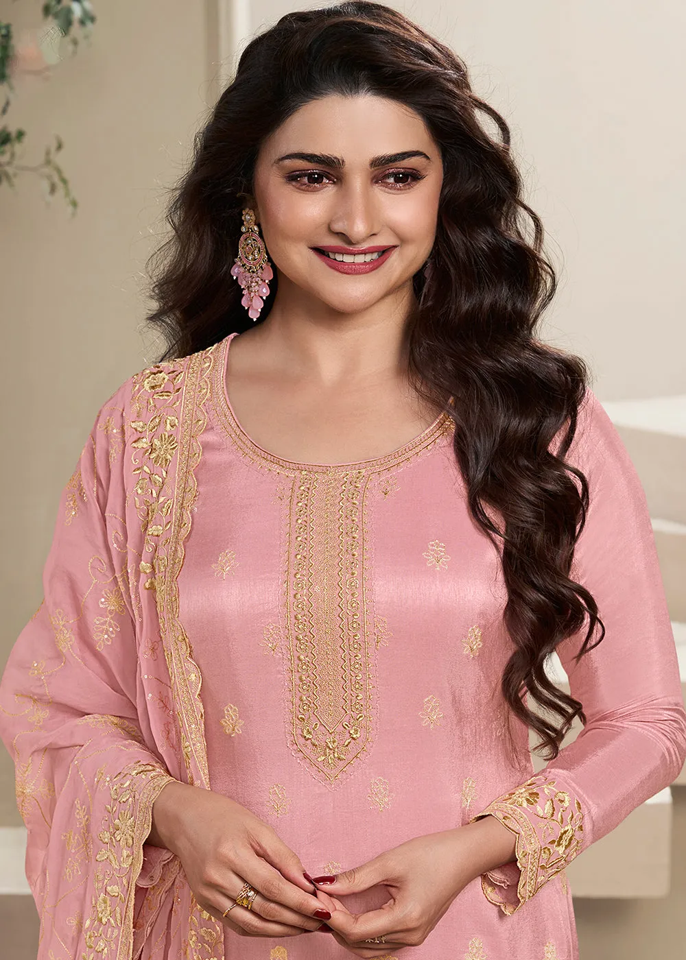 Dola Silk Peach Thread Embroidered Wedding Salwar Suit