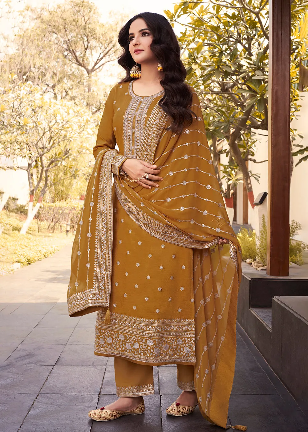 Dola Silk Pretty Mustard Embroidered Festive Salwar Suit