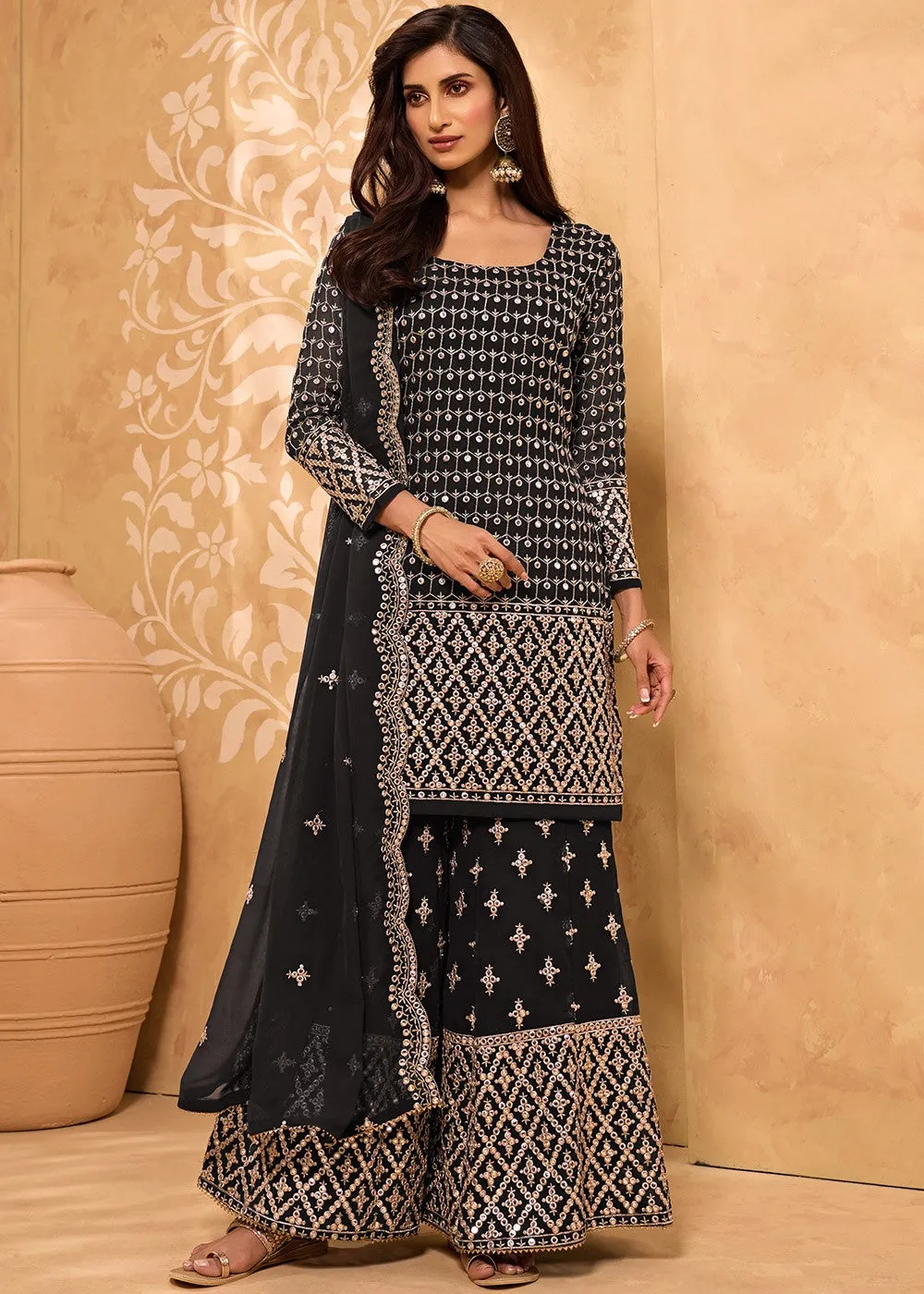 Dusty Black Party Style Designer Sharara Suit