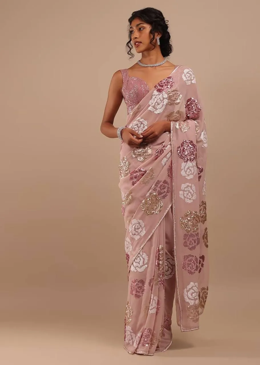 Dusty Pink Georgette Sequins Embroidery Saree