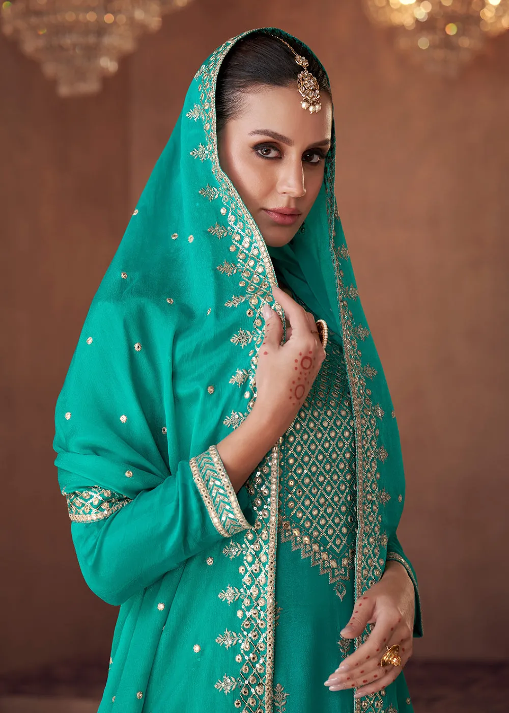 Embellished Aqua Green Chinon & Georgette Designer Palazzo Suit