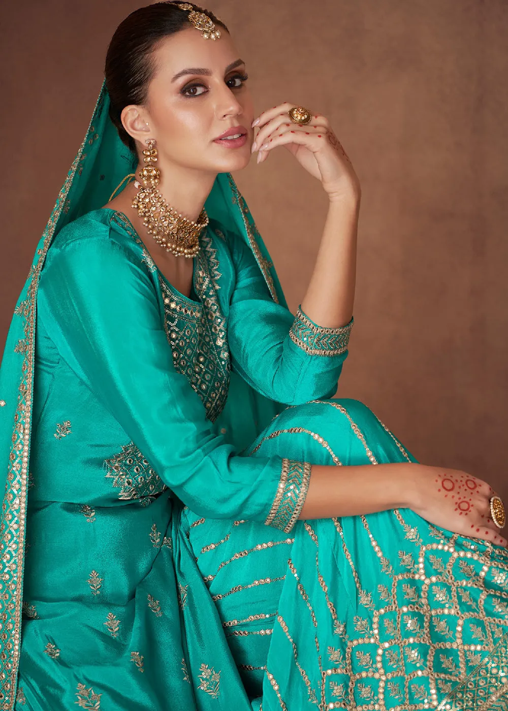 Embellished Aqua Green Chinon & Georgette Designer Palazzo Suit