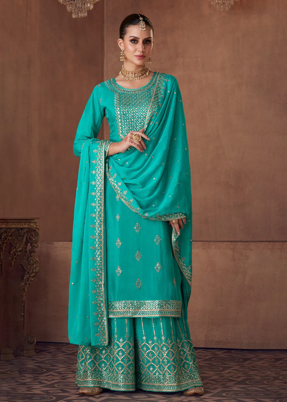 Embellished Aqua Green Chinon & Georgette Designer Palazzo Suit