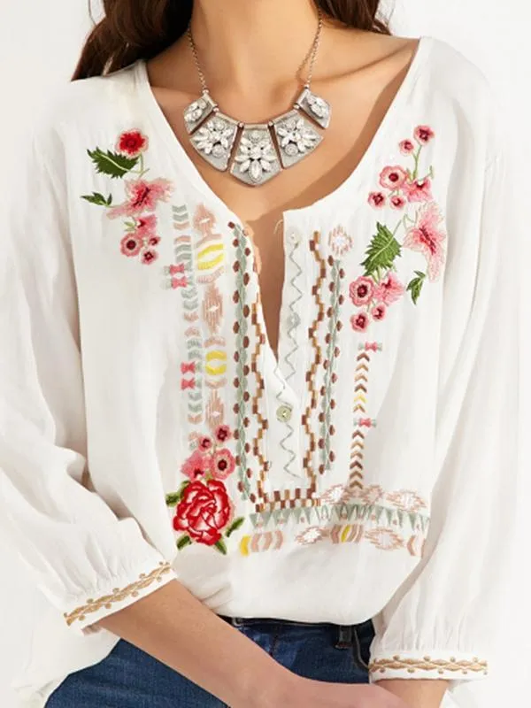 Embroidered Bohemian Floral Casual V-Neckline Sleeves Peasant Blouses Tops