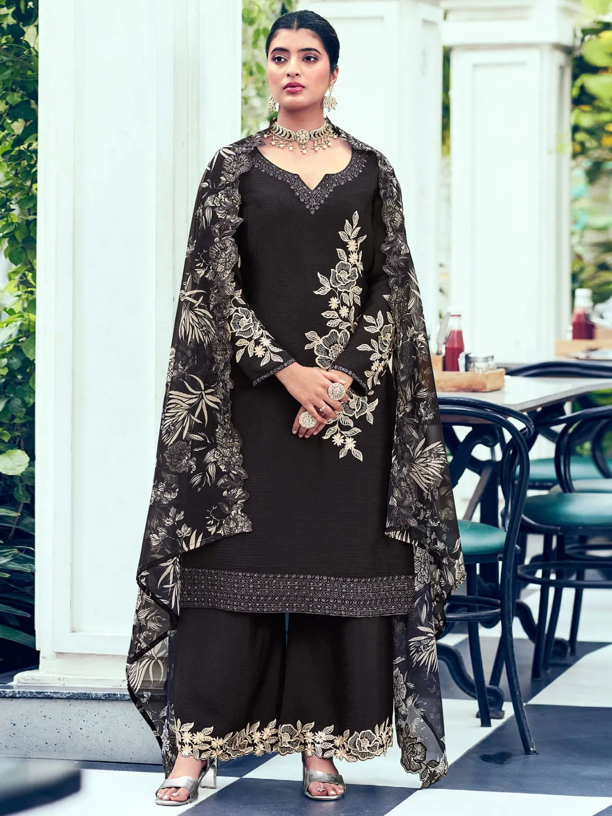 Embroidered Chinon Silk Pakistani Suit in Black