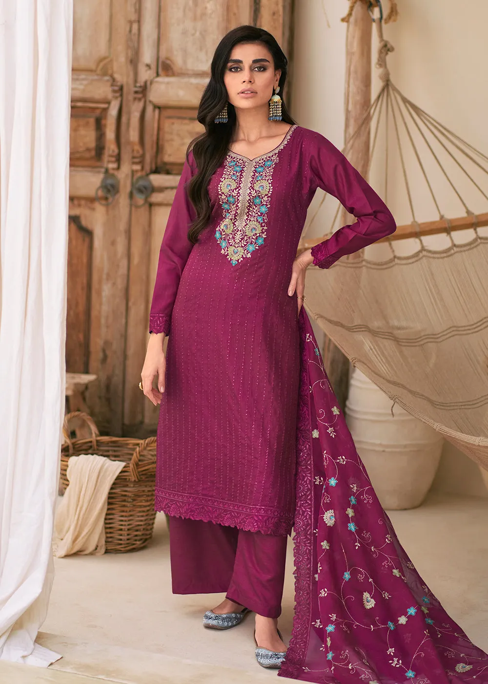 Embroidered Pink Dola Silk Festive Style Salwar Suit