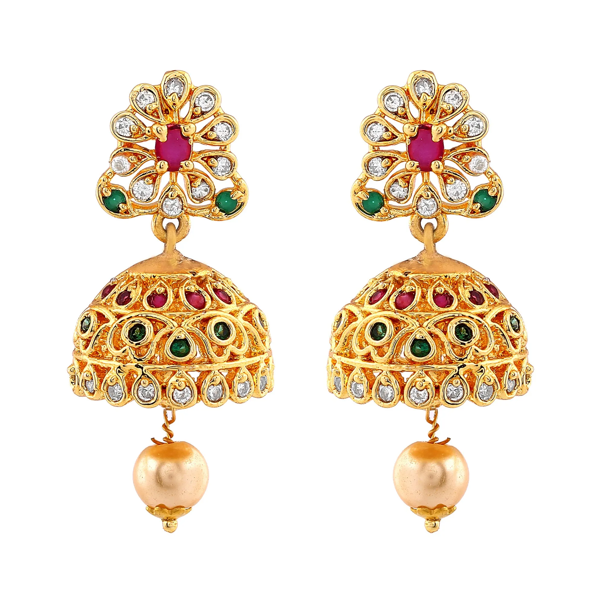 Estele Gold Plated CZ Dazzling Bridal Choker Necklace Set with Colored Stones & Pearls for Women