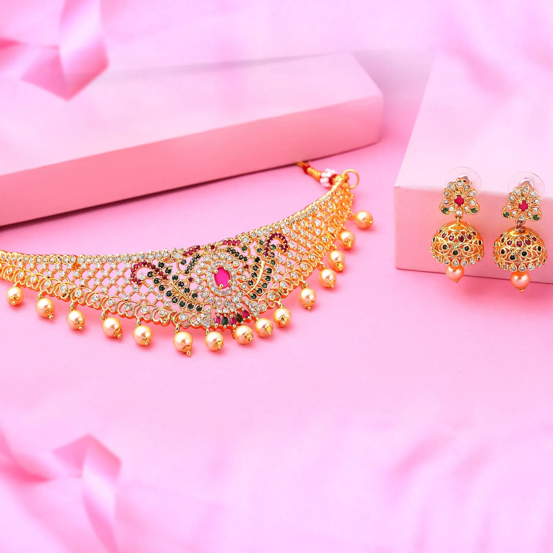 Estele Gold Plated CZ Dazzling Bridal Choker Necklace Set with Colored Stones & Pearls for Women