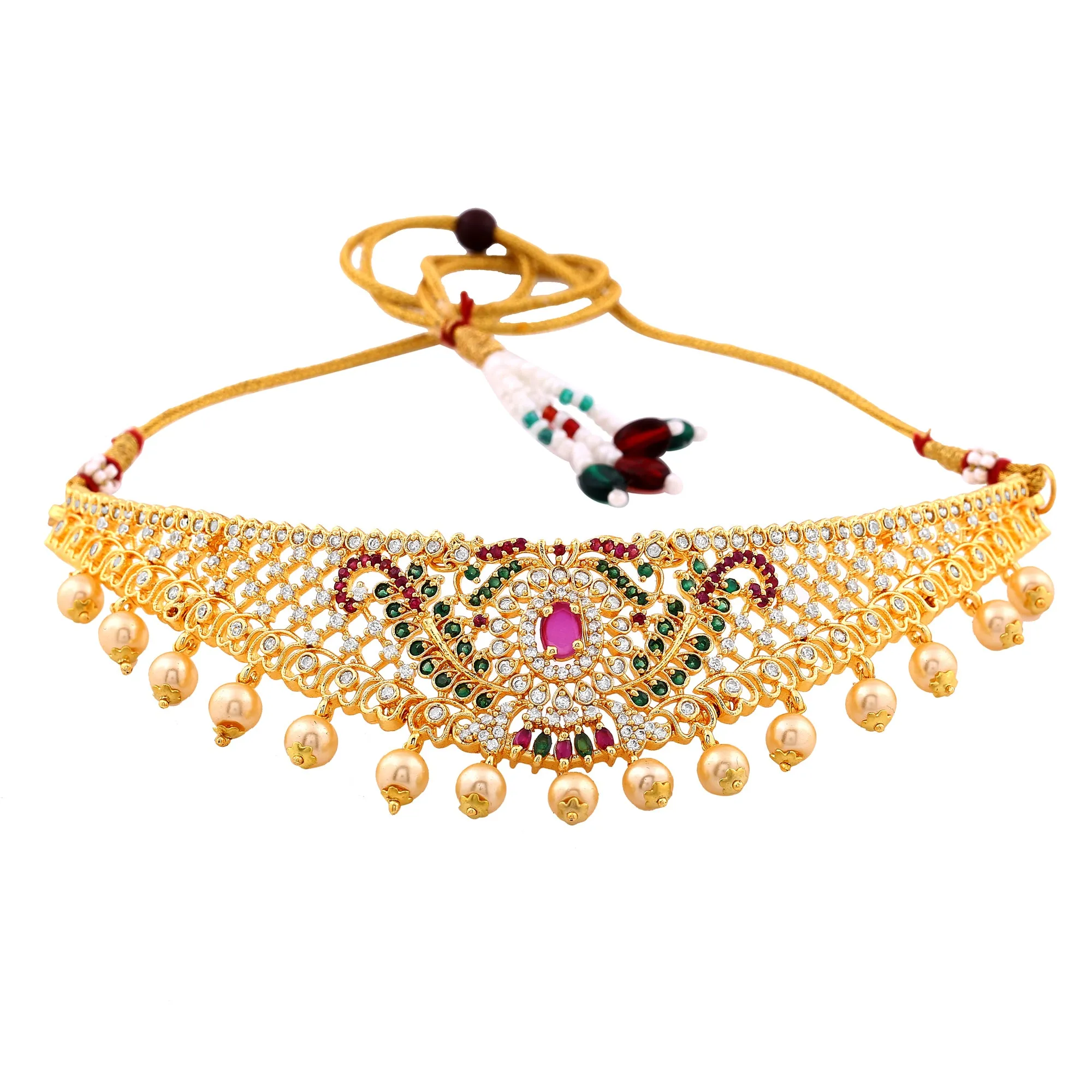 Estele Gold Plated CZ Dazzling Bridal Choker Necklace Set with Colored Stones & Pearls for Women