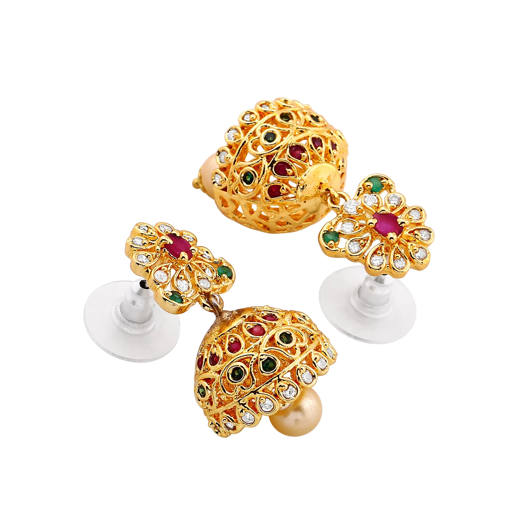 Estele Gold Plated CZ Dazzling Bridal Choker Necklace Set with Colored Stones & Pearls for Women