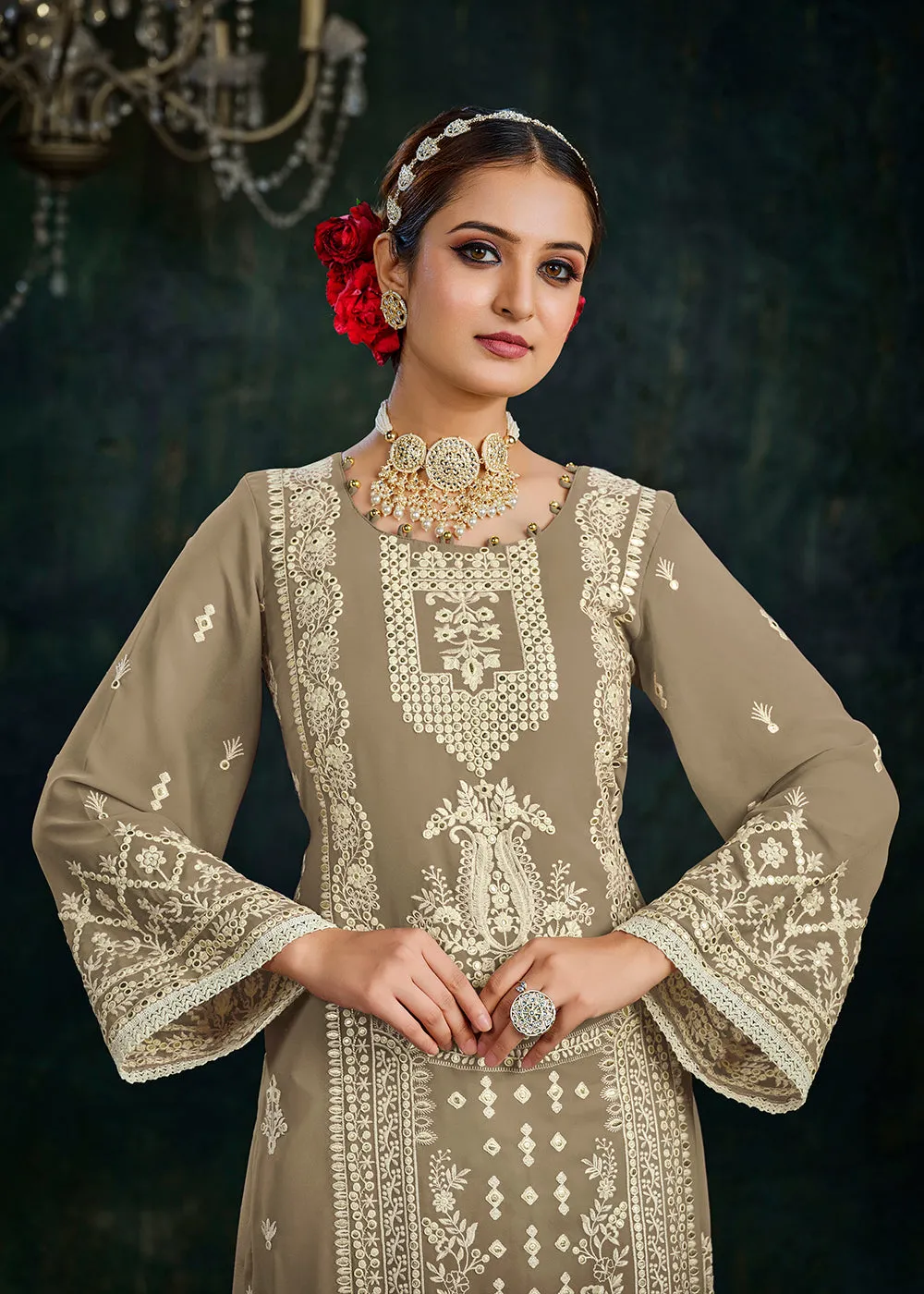 Ethereal Beige Foil Mirror Embroidered Palazzo Salwar Suit