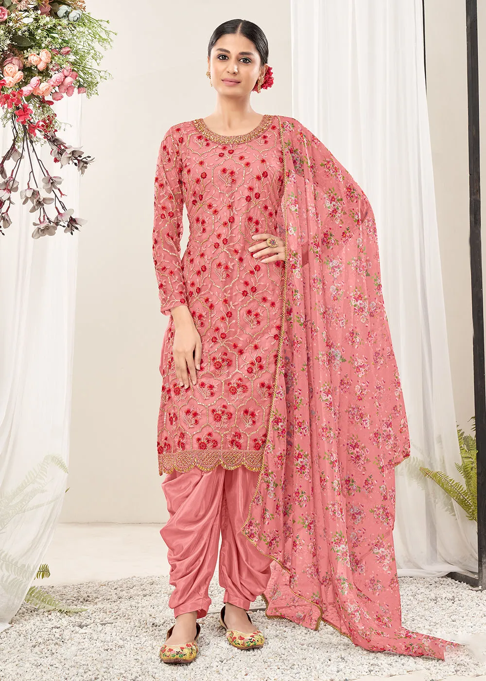 Exclusive Pink Festive Look Net Patiala Salwar Suit