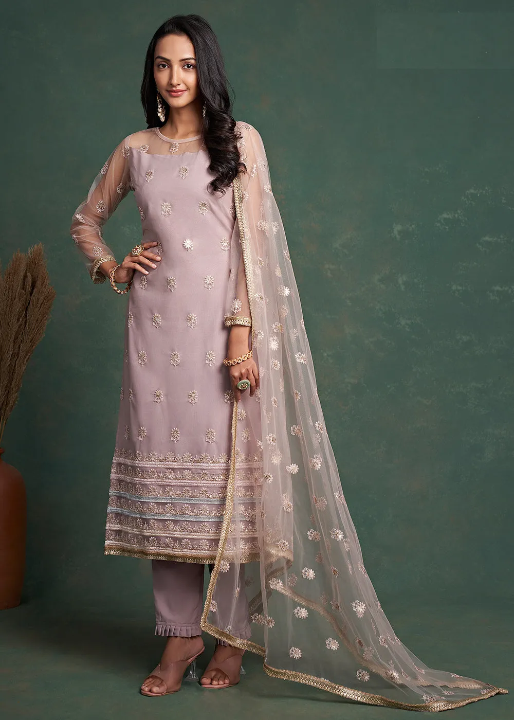 Fabulous Lilac Zari & Sequins Work Net Wedding Wear Salwar Suit