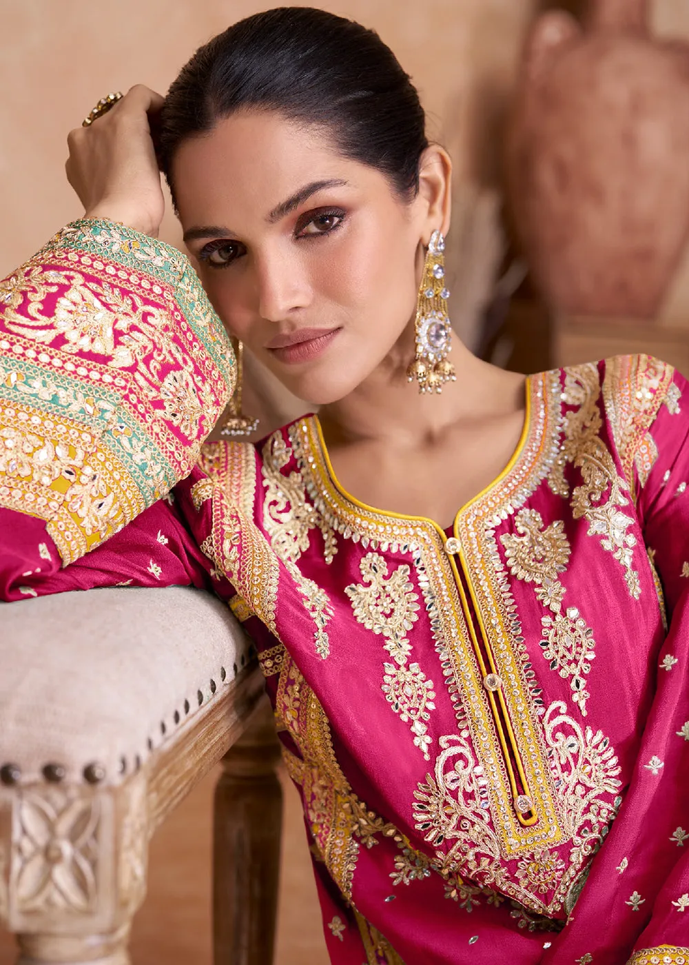 Fancy Hot Pink Chinnon Embroidered Designer Palazzo Suit