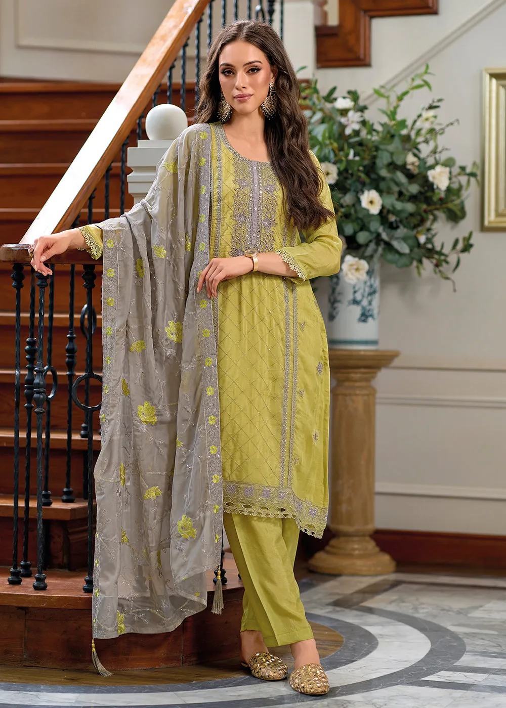 Festive Organza Green Embroidered Salwar Kameez