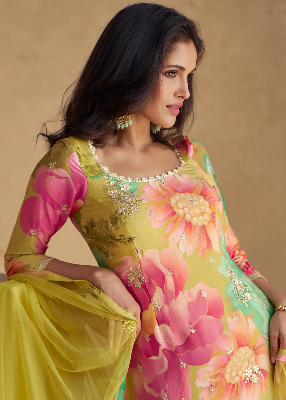 Festive Party Multicolor Real Chinnon Silk Palazzo Suit