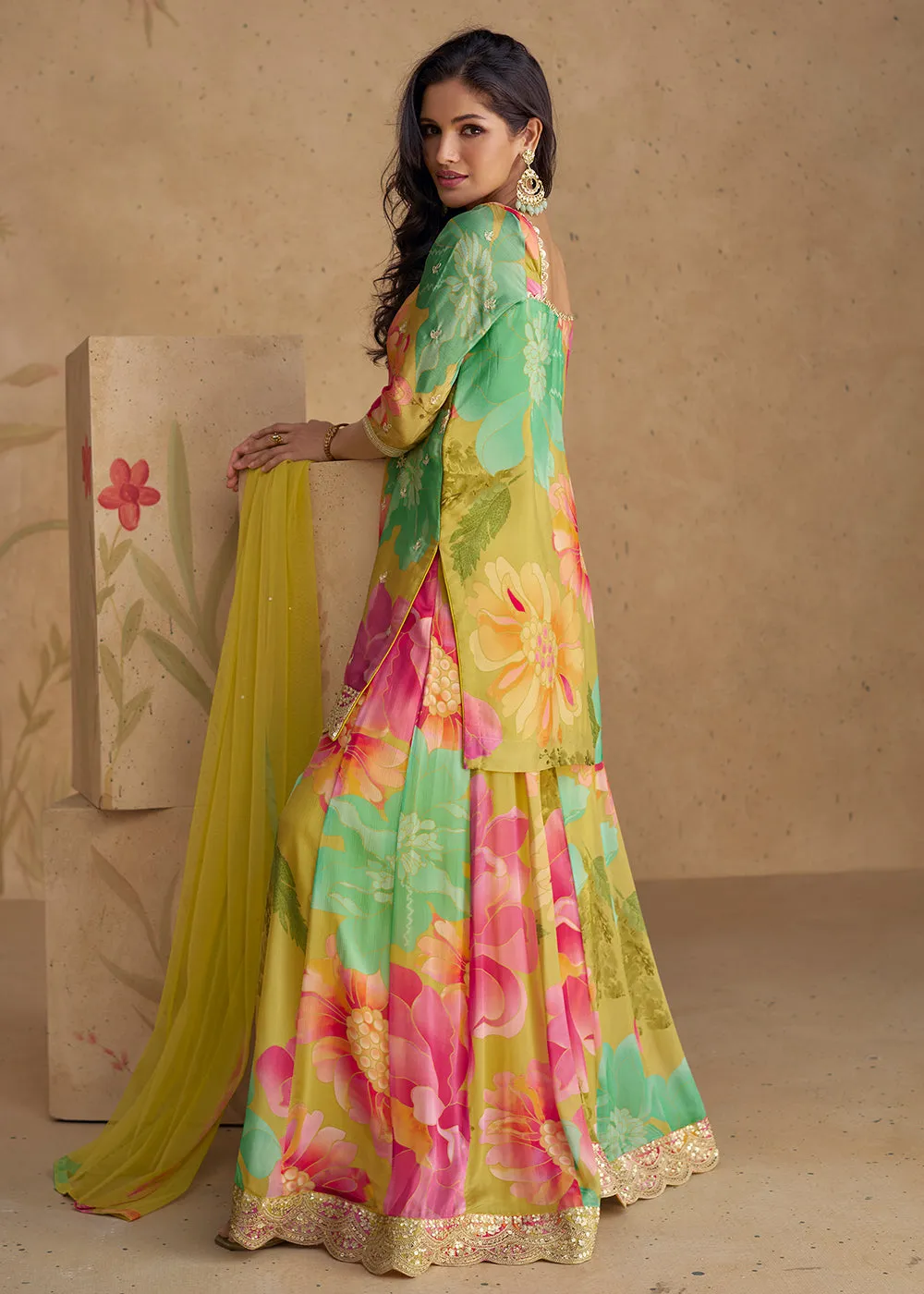 Festive Party Multicolor Real Chinnon Silk Palazzo Suit
