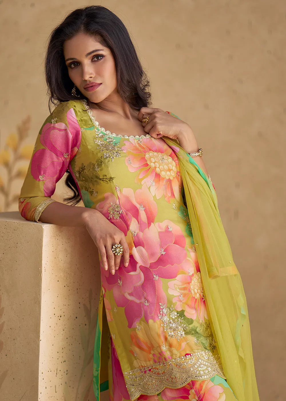 Festive Party Multicolor Real Chinnon Silk Palazzo Suit