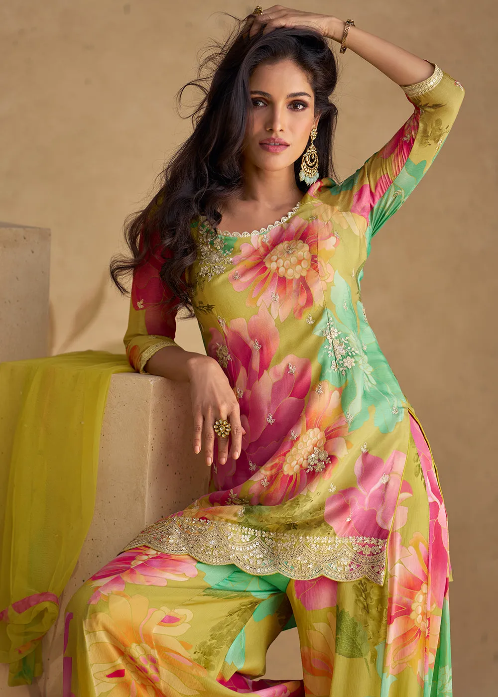 Festive Party Multicolor Real Chinnon Silk Palazzo Suit