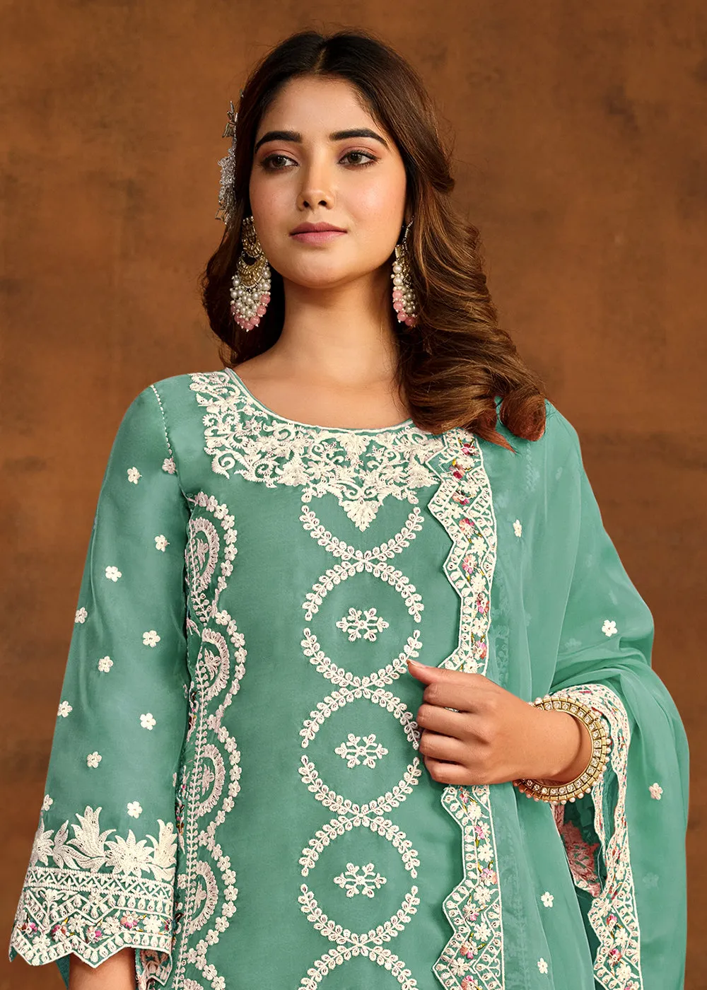 Festive Style Sea Green Soft Organza Pant Style Salwar Suit