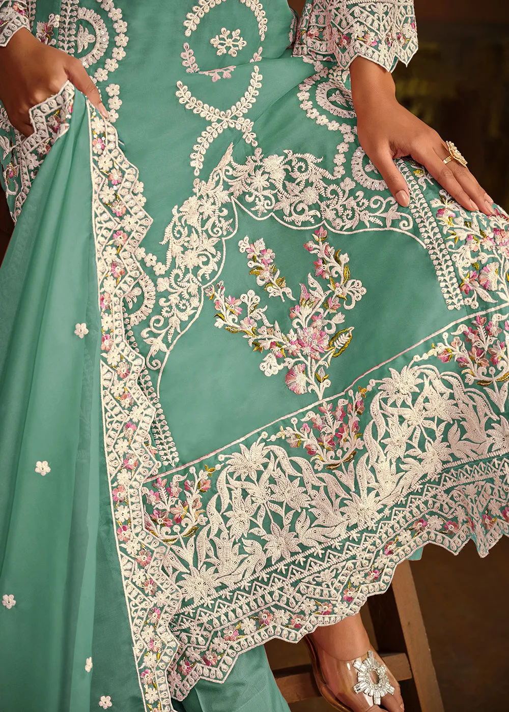 Festive Style Sea Green Soft Organza Pant Style Salwar Suit