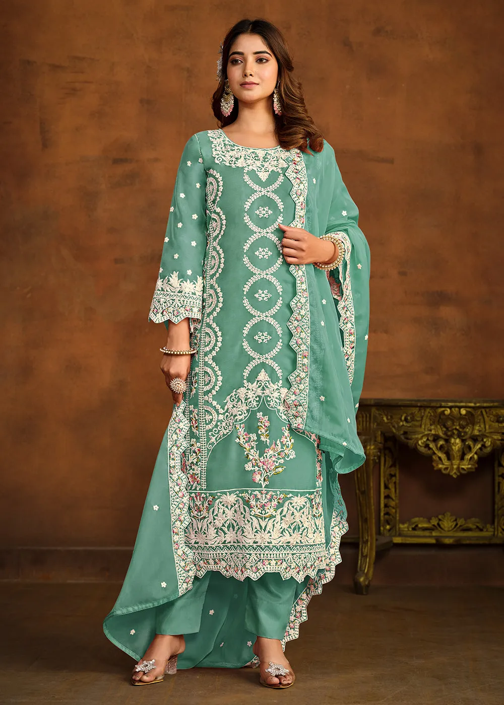 Festive Style Sea Green Soft Organza Pant Style Salwar Suit