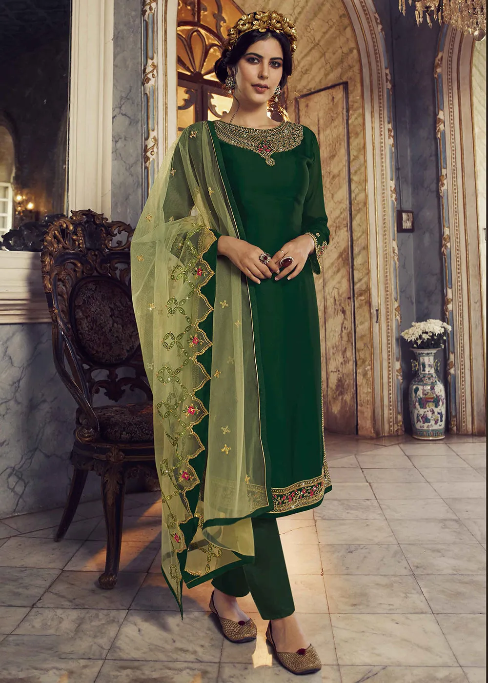 Forest Green Lehenga/Pant Style Trendy Suit